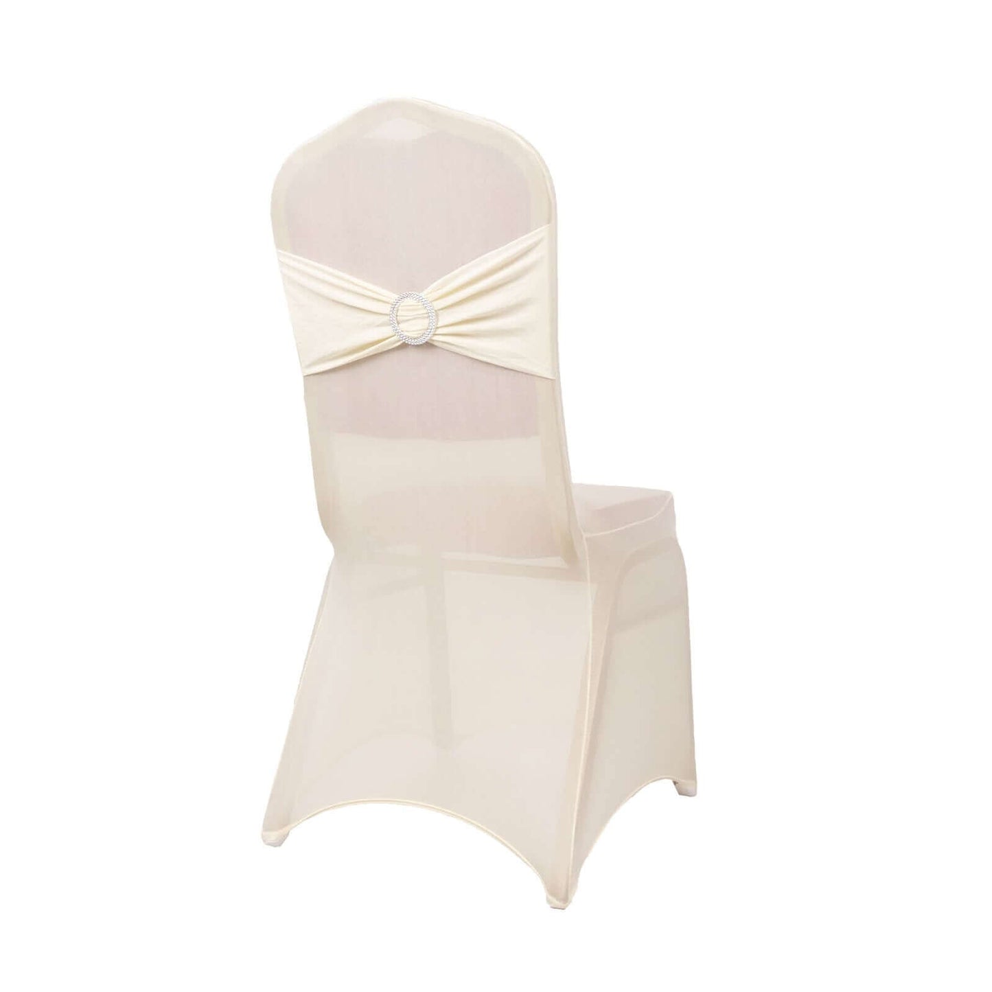 Spandex Chair Cover with Silver Rhinestone Buckled Sash Band Ivory - Stretch Fitted Slipcover