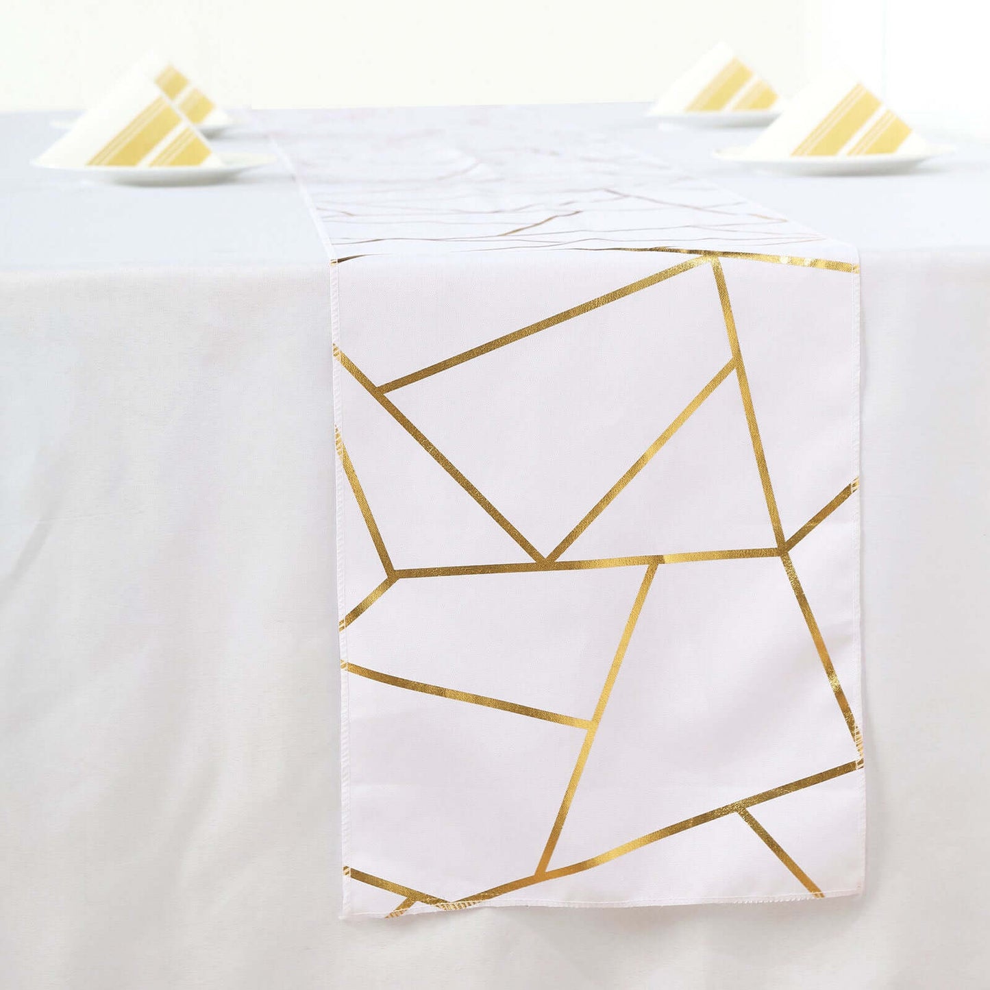 Polyester 9ft Table Runner White with Gold Foil Geometric Pattern - Modern & Stylish Table Decor