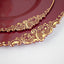 10-Pack Plastic 10" Round Dinner Plates in Burgundy with Gold Leaf Embossed Rim - Disposable Vintage Baroque Style Plates