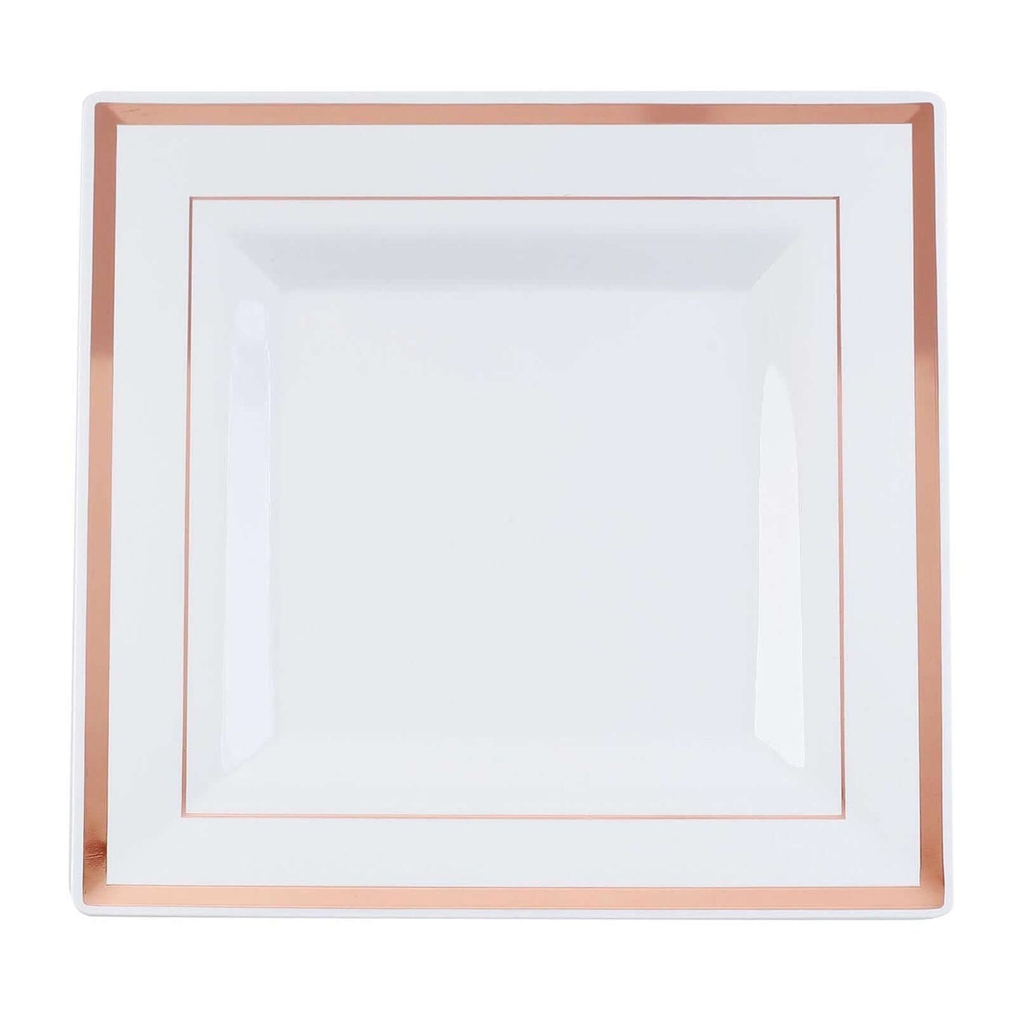 10-Pack Plastic Dinner Plates White Square with Rose Gold Trim - Lightweight Disposable Plates for Events 10"