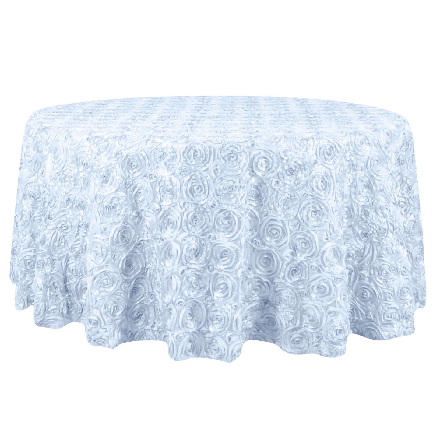 Satin 132" Round Tablecloth White - Grandiose 3D Rosette Design with Seamless Finish for Chic Occasions