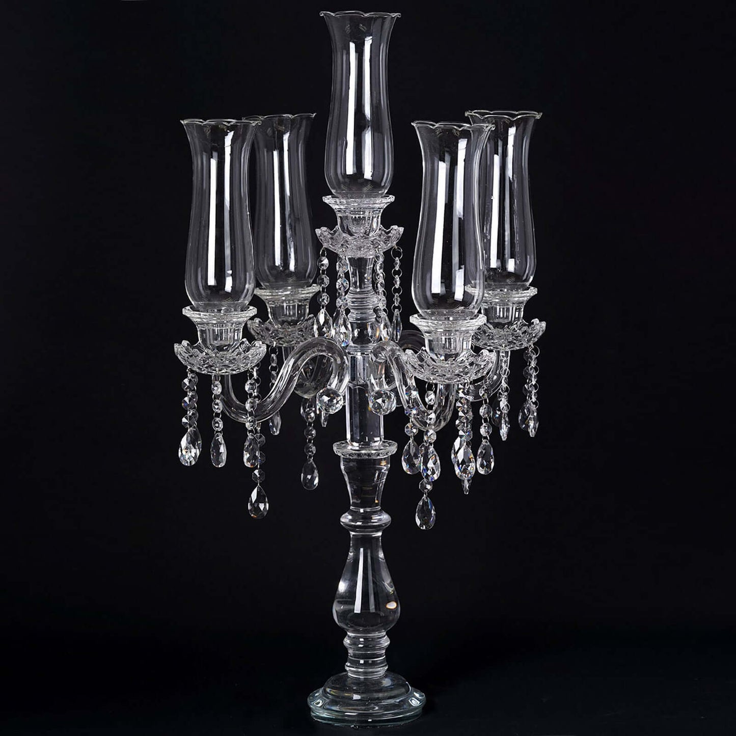 5 Arm Crystal Glass Taper Candle Holder Candelabra, Stylish Table Centerpiece With Chandelier Chains 32"