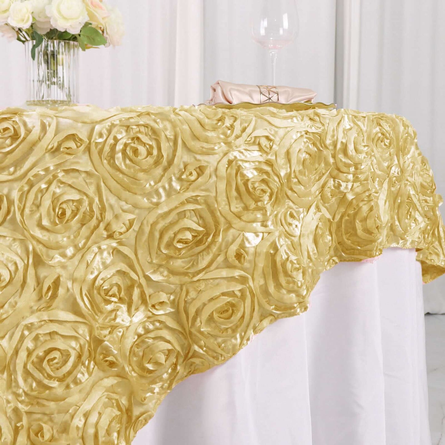 Satin 72"x72" Table Overlay Square Tablecloth Champagne - 3D Rosette Table Cover