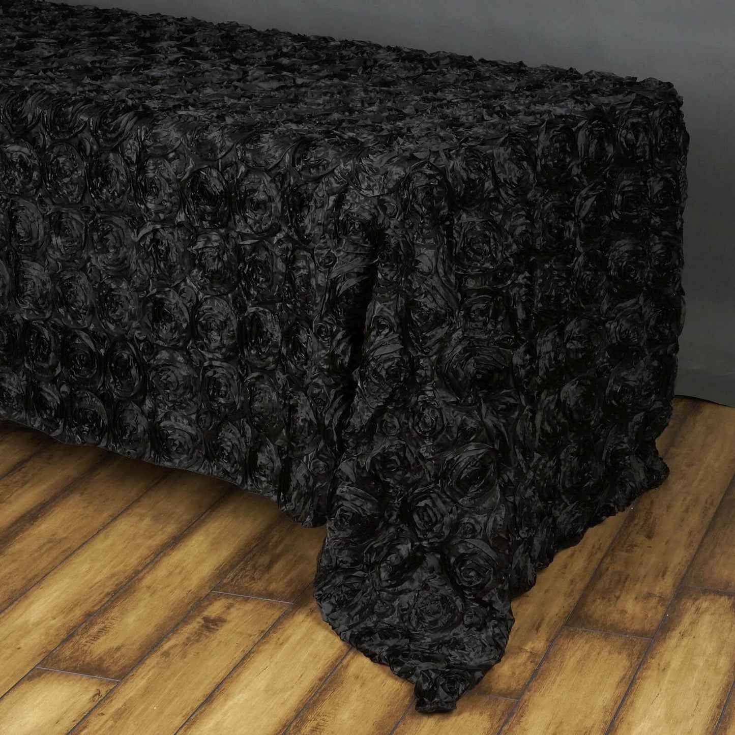 Satin 90"x156" Rectangle Tablecloth Black - Grandiose 3D Rosette Table Cover with Seamless Finish