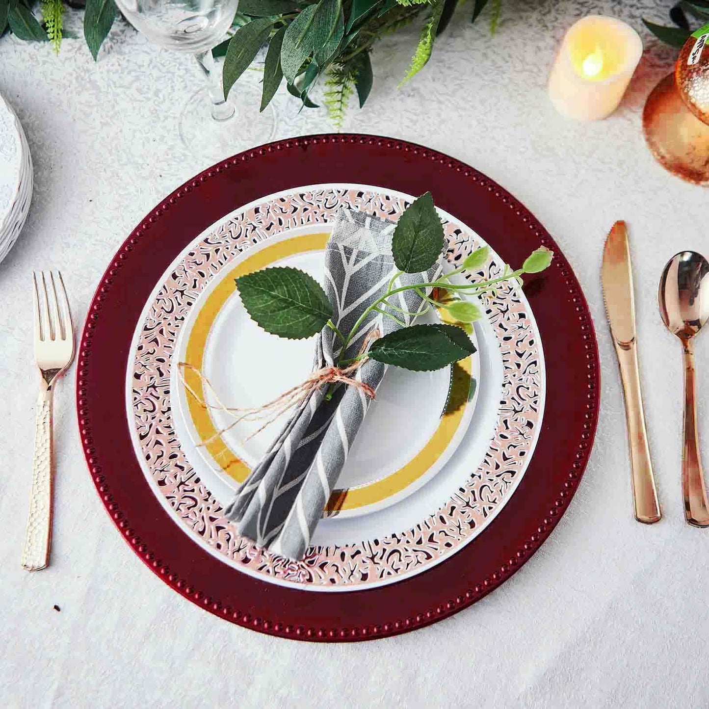 6-Pack Acrylic Round Charger Plates 13" in Burgundy with Beaded Rim, Dinner Charger Event Tabletop Decor