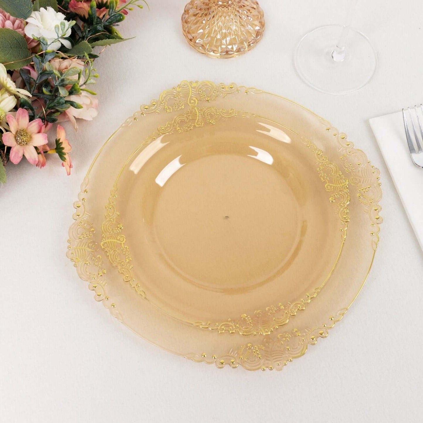 10-Pack Plastic 8" Round Dessert Plates in Transparent Amber Gold with Gold Leaf Embossed Rim - Disposable Vintage Baroque Style Salad Plates