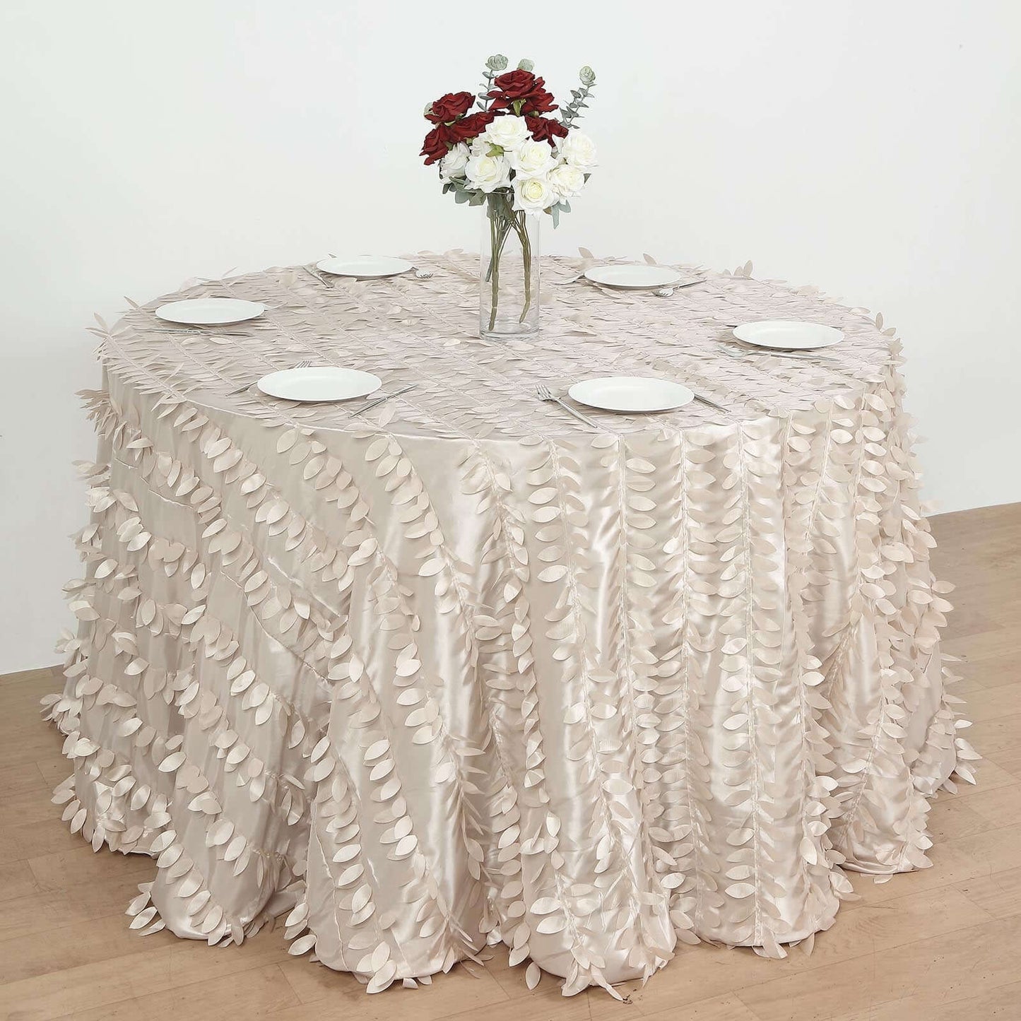 Taffeta 120" Round Tablecloth Beige | 3D Leaf Petal Design Seamless Table Cover for Chic Wedding & Event Decor