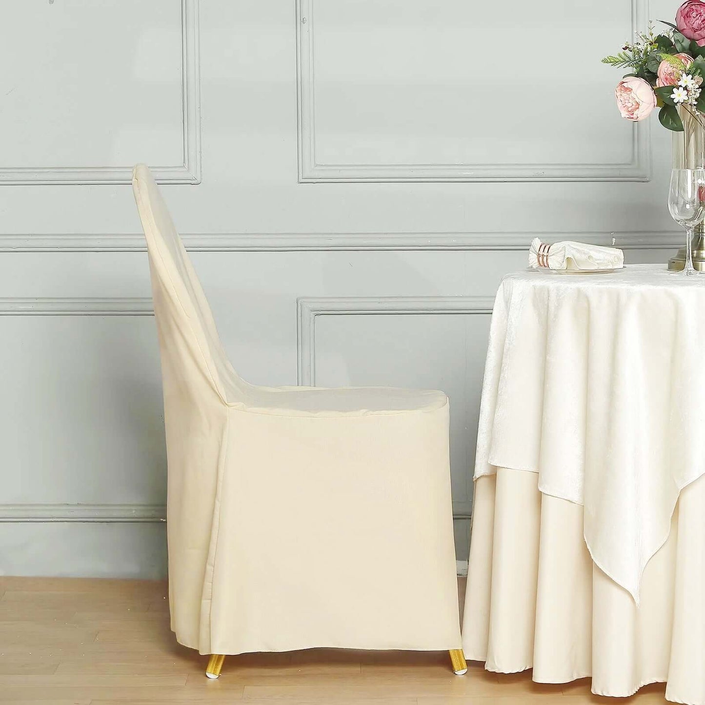 Polyester Slip On Banquet Chair Covers Beige - Stain-Resistant Reusable Durable Fabric