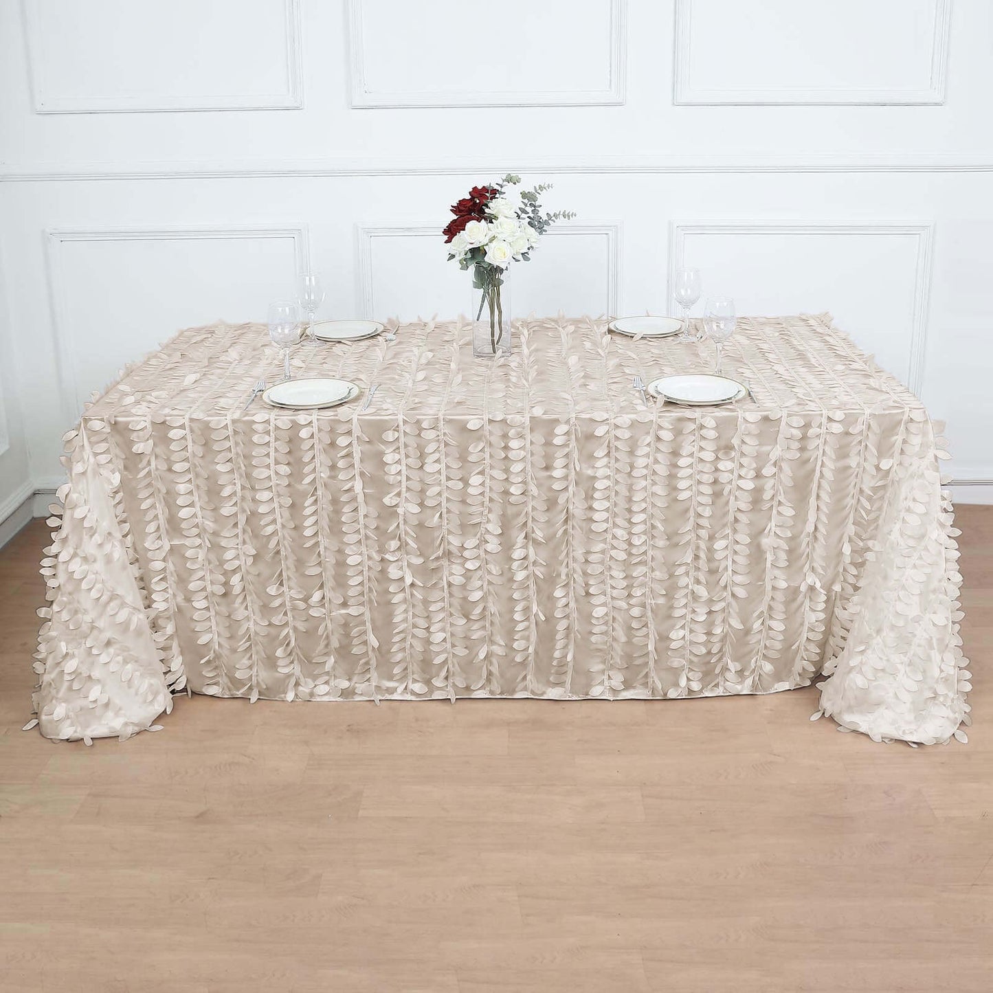 Taffeta 90"x132" Rectangle Tablecloth Beige | 3D Leaf Petal Design Seamless Table Cover
