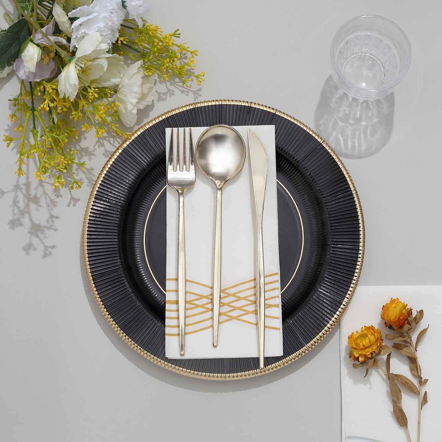 25-Pack Paper 10" Round Dinner Plates in Black Sunray Design with Gold Rim - Disposable Heavy Duty 350GSM Party Plates for Banquets & Celebrations
