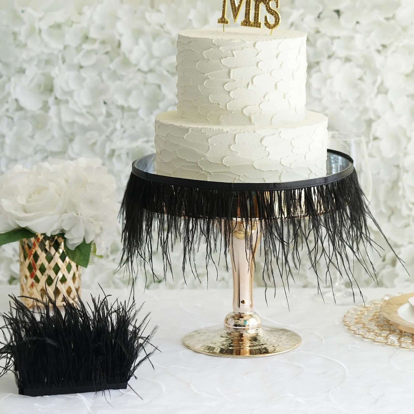 39" Black Real Ostrich Feather Fringe Trim With Satin Ribbon Tape