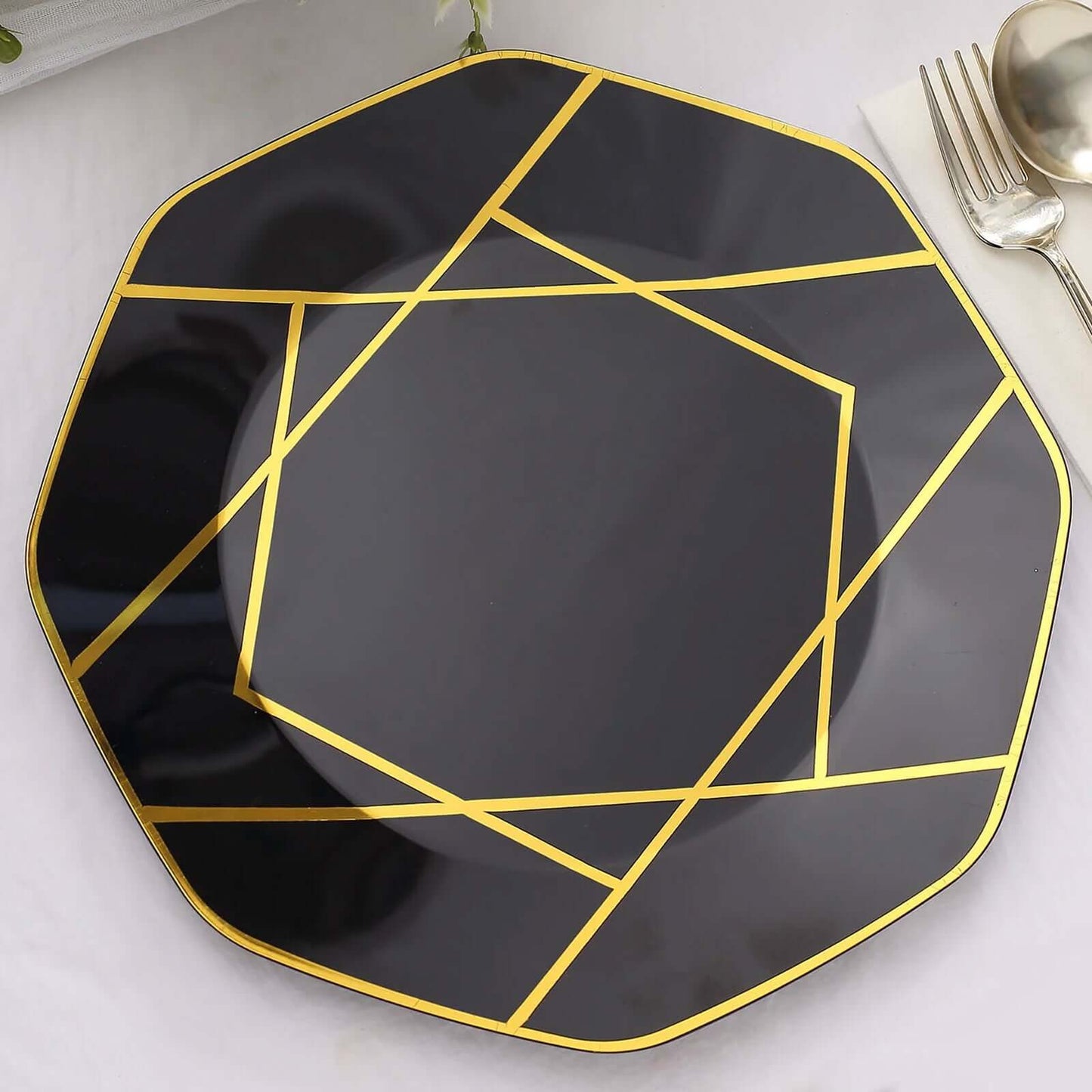 10-Pack Plastic 10" Octagon Dinner Plates in Black - Modern Disposable Party Plates with Gold Geometric Design for Special Occasions & Celebrations