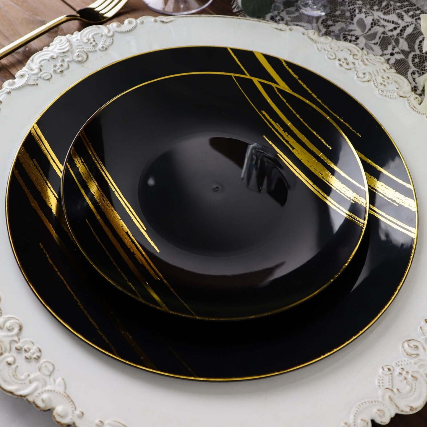 10-Pack Plastic 7" Round Dessert Plates in Black with Gold Brush Stroked Print - Disposable Appetizer Salad Plates for Modern Themed Events & Banquets