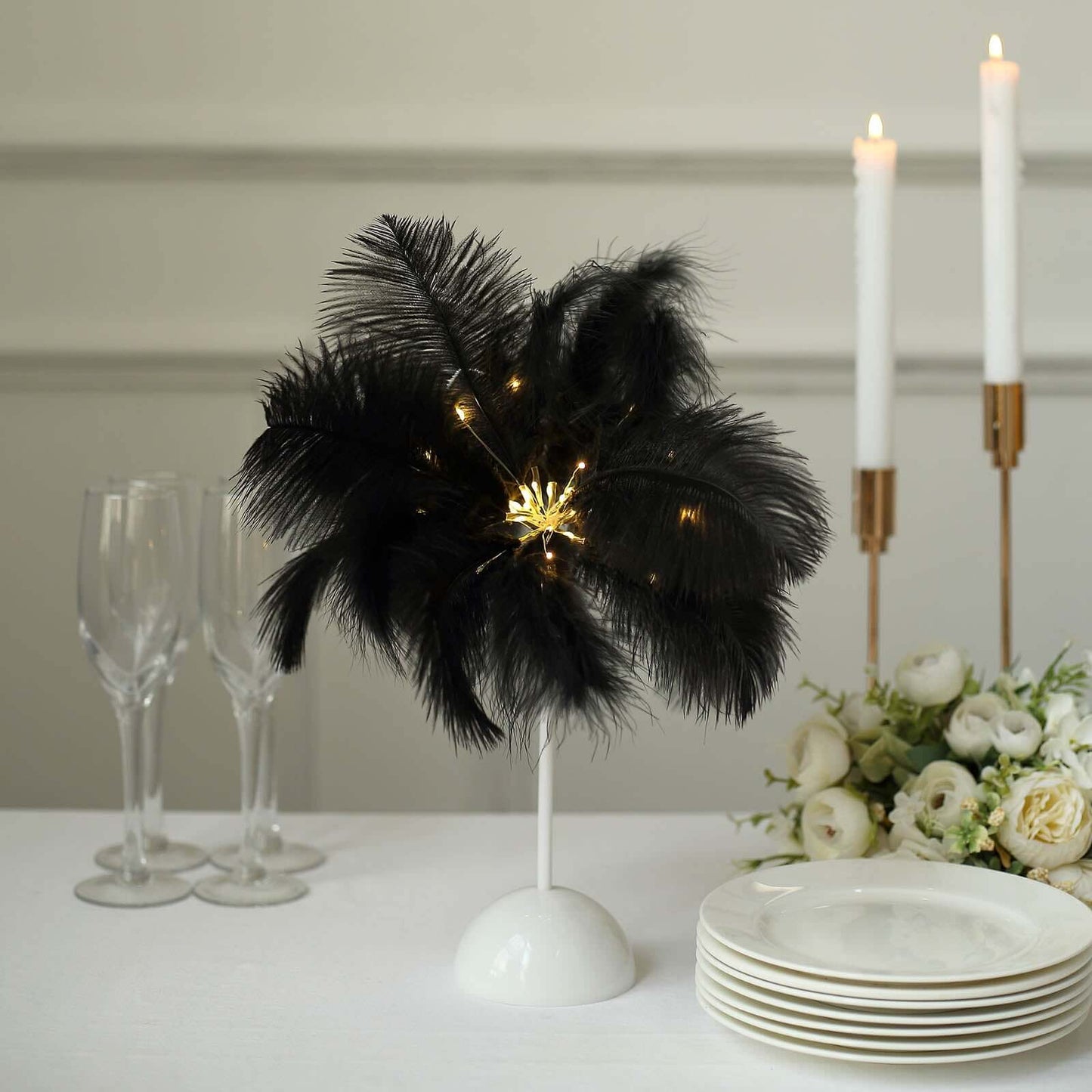 Table Lamp Ostrich Feather Design Black LED Battery Operated - Cordless Wedding Centerpiece 15"
