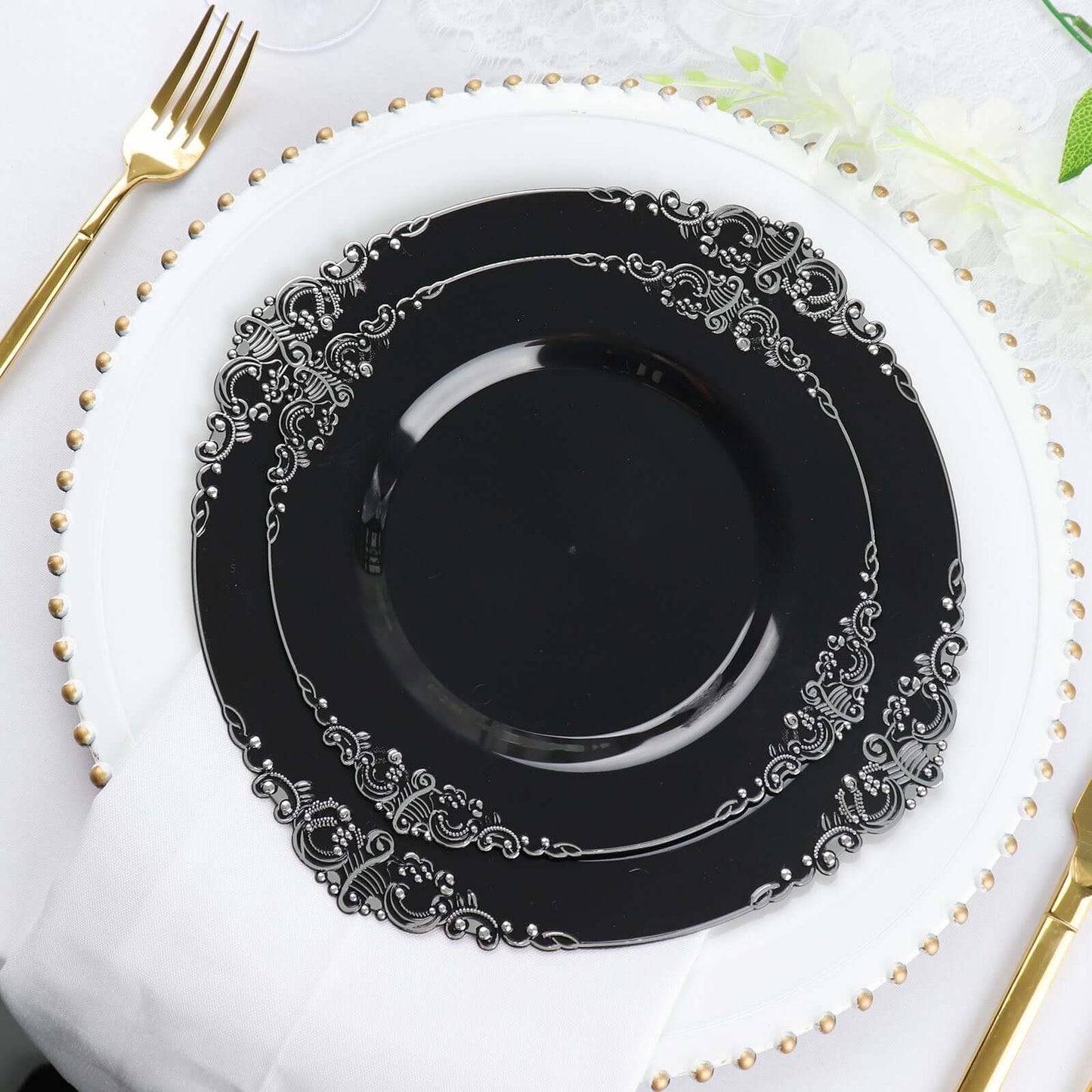 10-Pack Plastic 10" Round Dinner Plates in Black with Silver Leaf Embossed Rim - Disposable Vintage Baroque Style Plates