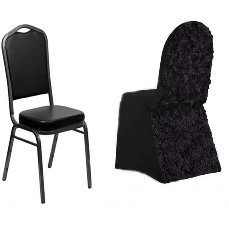 Satin Rosette Chair Cover for Banquet Chairs Black - Stretch Fitted Slip-On Slipcover