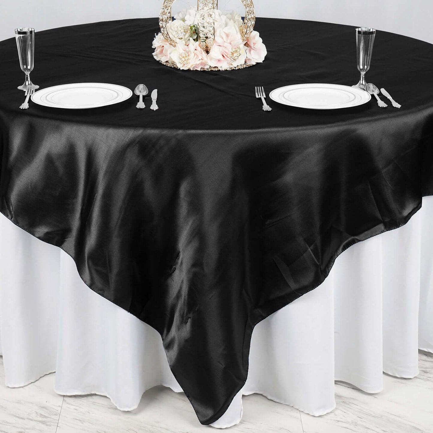 Satin 90"x90" Table Overlay Square Tablecloth Black - Smooth Finish Table Topper