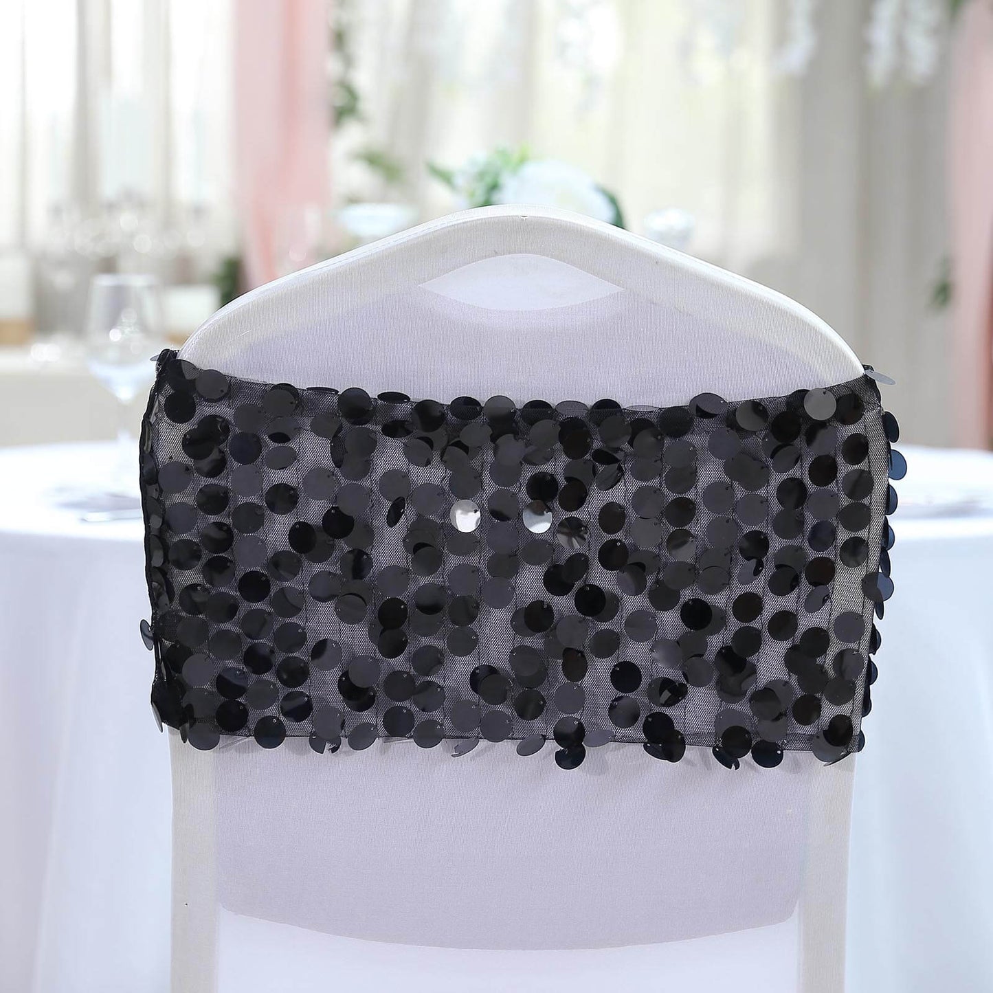 5 Pack Big Payette Sequin 13"x10" Chair Sash Bands Black - Stylish Glittering Decor for Weddings & Gatherings