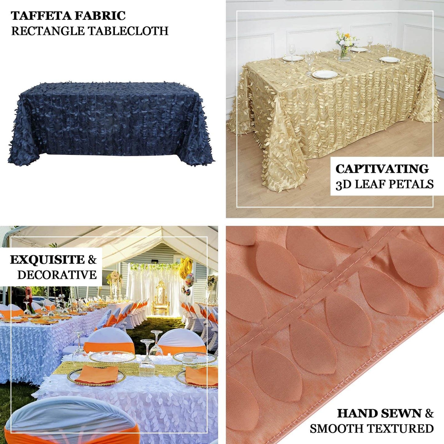 Taffeta 90"x156" Rectangle Tablecloth Black | 3D Leaf Petal Design Seamless Table Cover