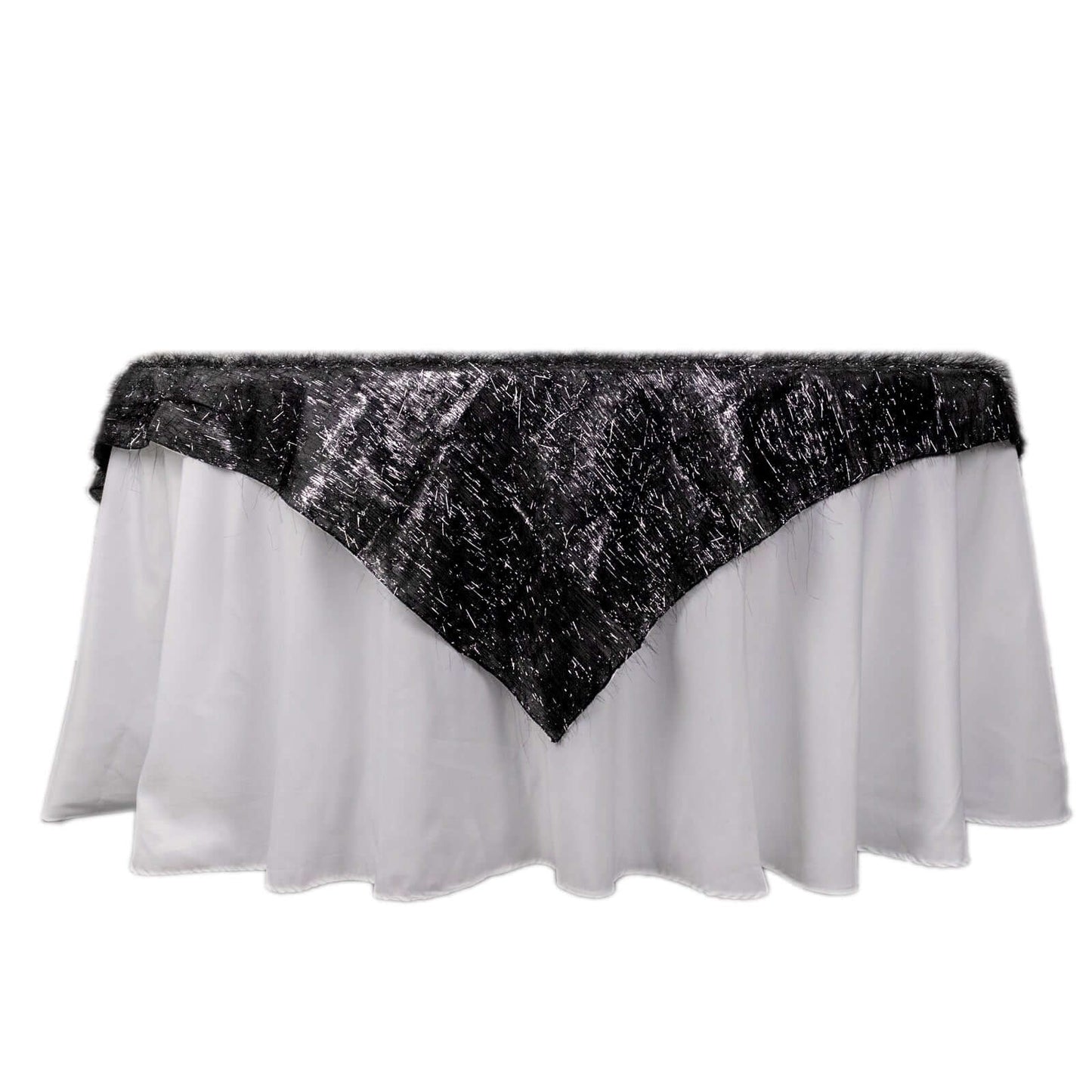 Polyester 72"x72" Table Overlay Square Tablecloth Black - Metallic Fringe Shag Tinsel Table Cover