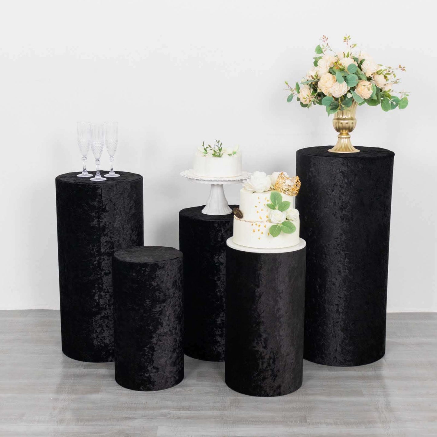 Set of 5 Black Crushed Velvet Cylinder Pedestal Stand Covers, Premium Pillar Prop Covers