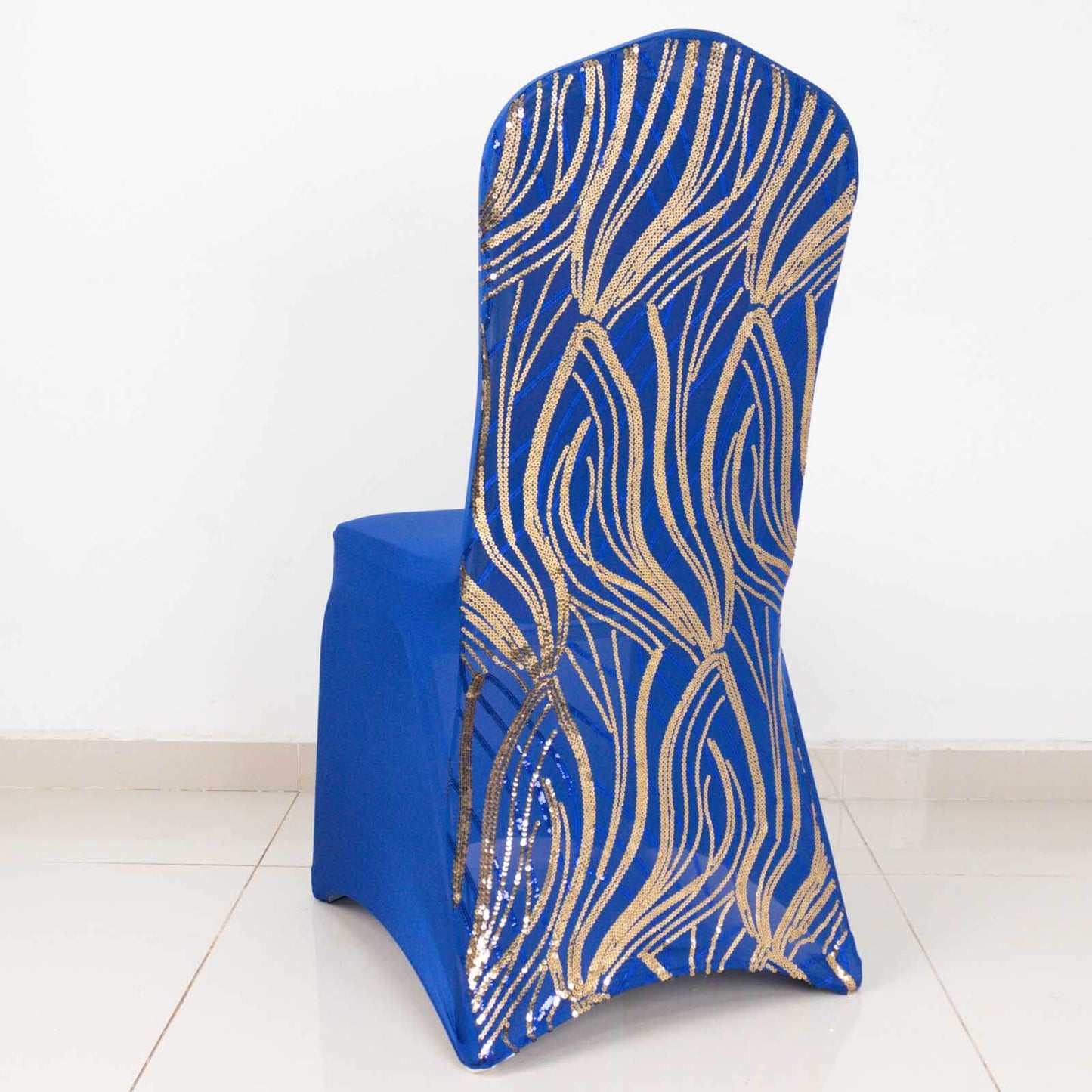 Spandex Chair Cover with Wave Embroidered Sequins for Banquet Chairs Royal Blue/Gold - Glittering Stretch Fitted Slipcover