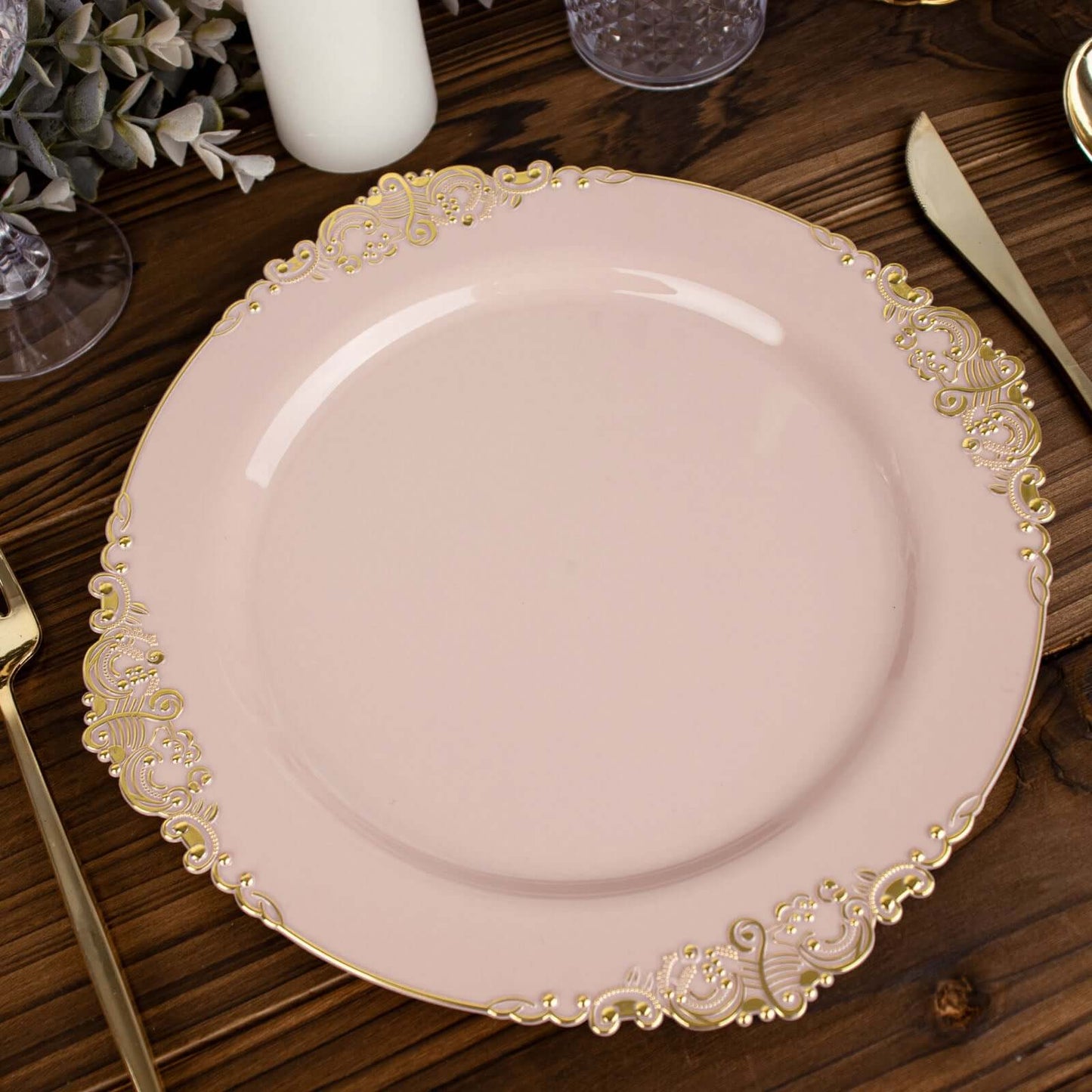 10-Pack Plastic 10" Round Dinner Plates in Blush with Gold Leaf Embossed Rim - Disposable Vintage Baroque Style Plates