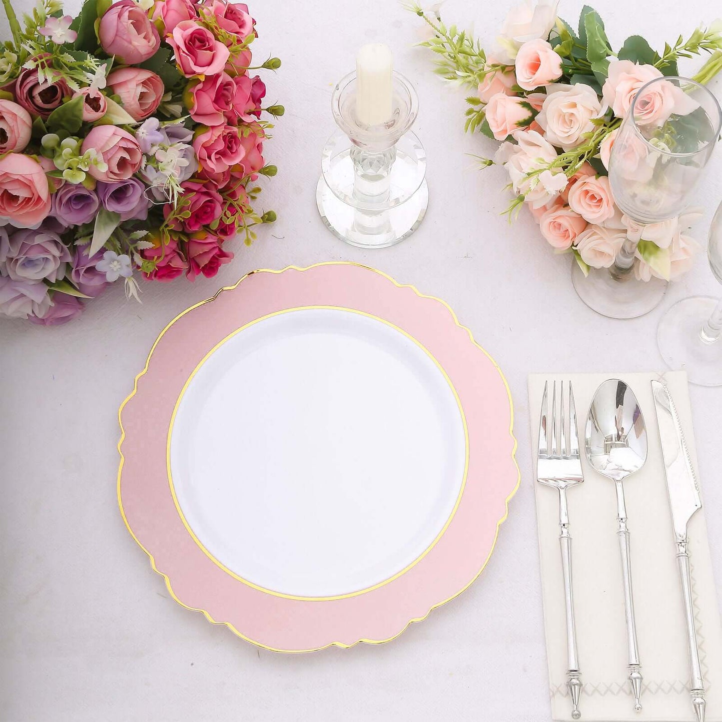 10-Pack Plastic 10" Round Dinner Plates in White with Blush Blossom Design & Gold Edging - Disposable Party Plates