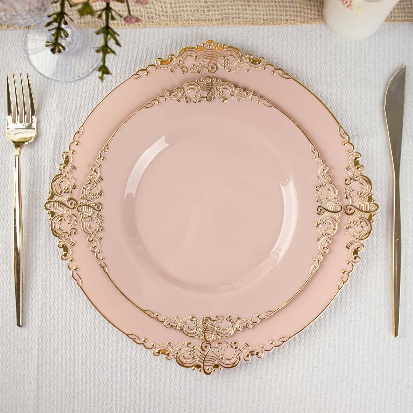 10-Pack Plastic 8" Round Dessert Plates in Blush with Gold Leaf Embossed Rim - Disposable Vintage Baroque Style Salad Plates