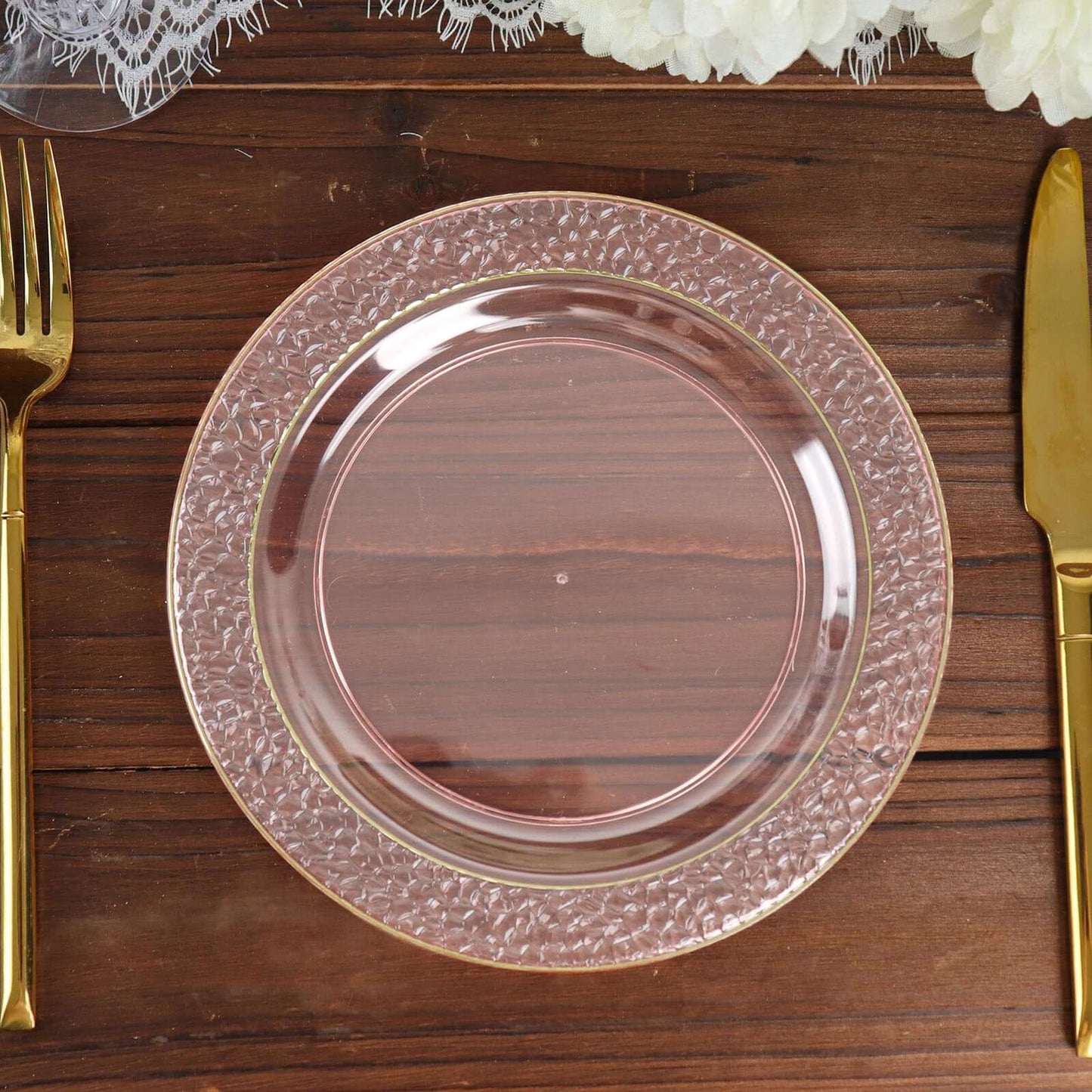 10-Pack Plastic 7.5" Round Appetizer Plates in Blush Hammered Design with Gold Rim - Disposable Salad Plates for Chic Banquets & Special Occasions