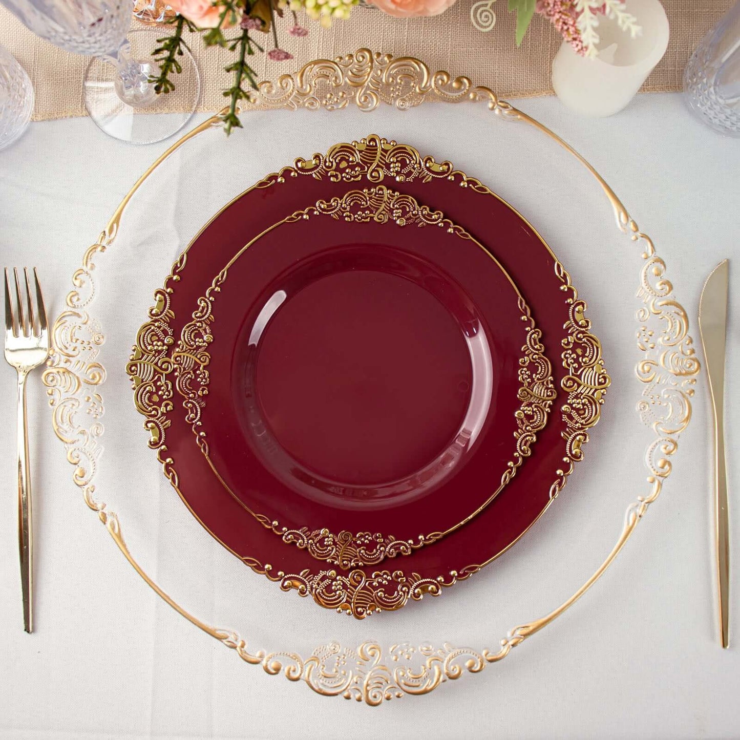 10-Pack Plastic 8" Round Dessert Plates in Burgundy with Gold Leaf Embossed Rim for Gatherings & Events