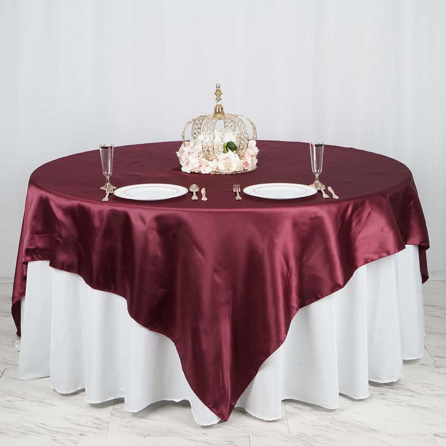 Satin 90"x90" Table Overlay Square Tablecloth Burgundy - Smooth Finish Table Topper