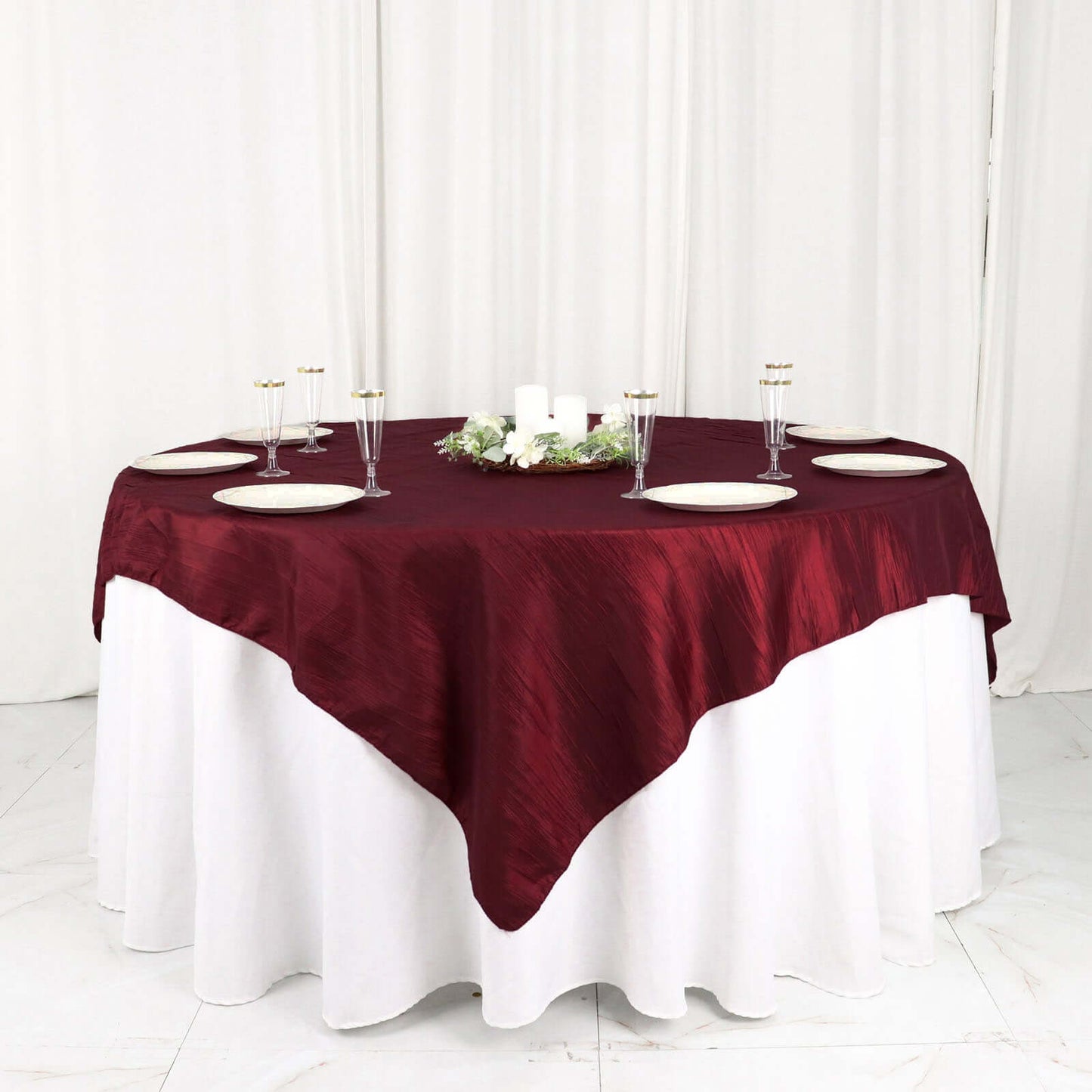Taffeta 72"x72" Table Overlay Square Tablecloth Burgundy - Accordion Crinkle Table Cover