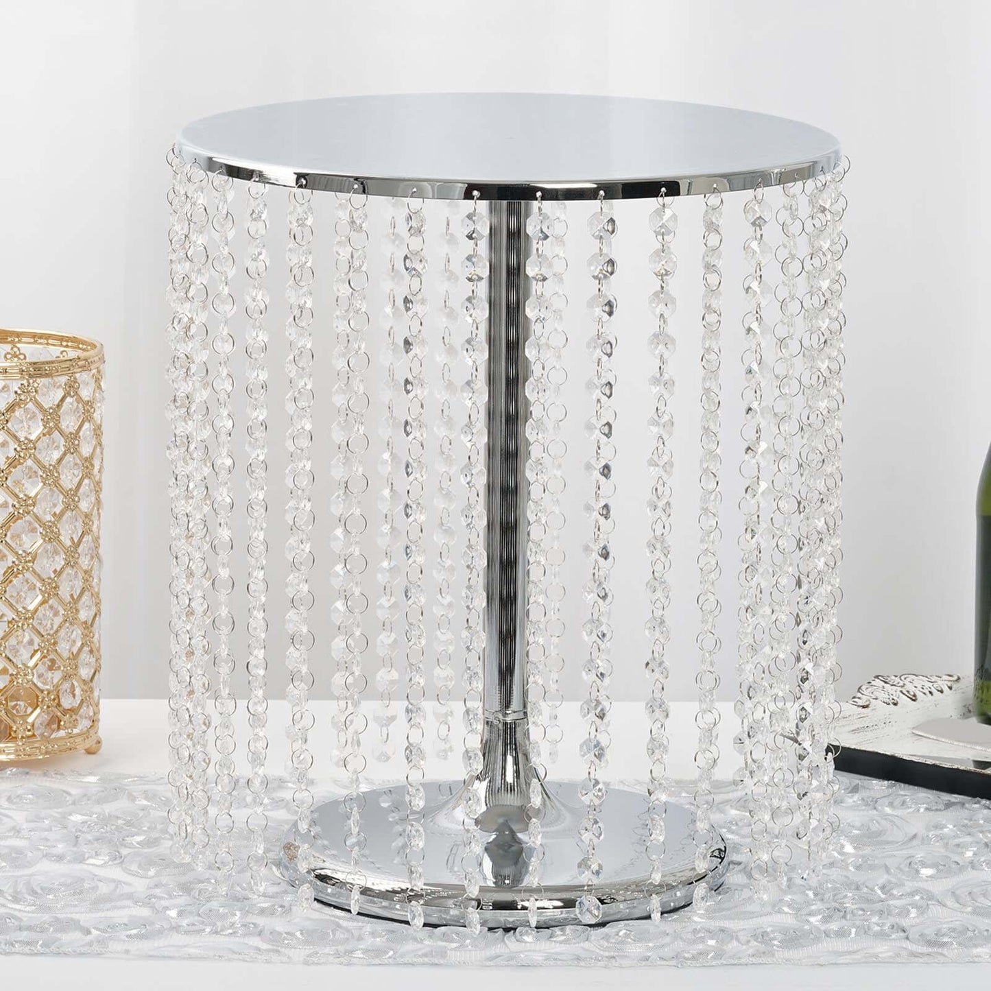 Metal Cake Stand Round Design Metallic Silver with Crystal Chains 14" Dia - Cupcake Dessert Pedestal 16"Tall