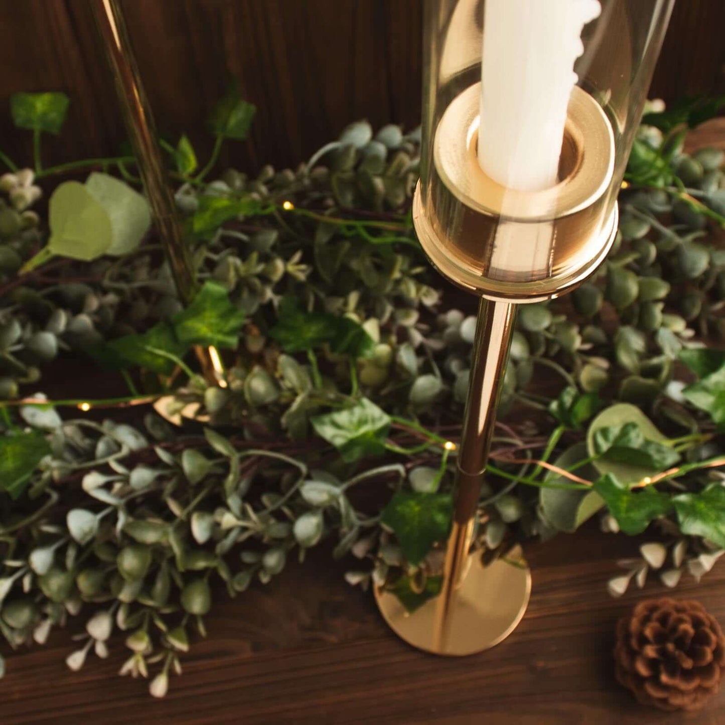 2-Pack Gold Metal Taper Candlestick Holders, Clear Glass Hurricane Candle Stands With Chimney Candle Shades 24"