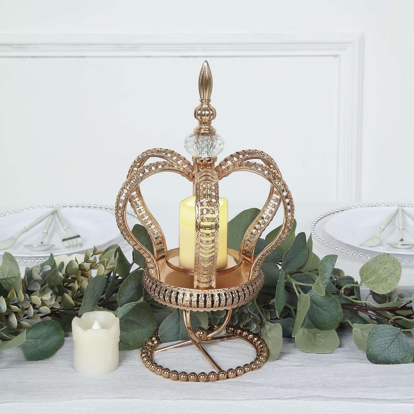 Metal Crown Spiral Pillar Candle Holder Stand Gold - Jeweled Votive Candle Centerpiece 13"