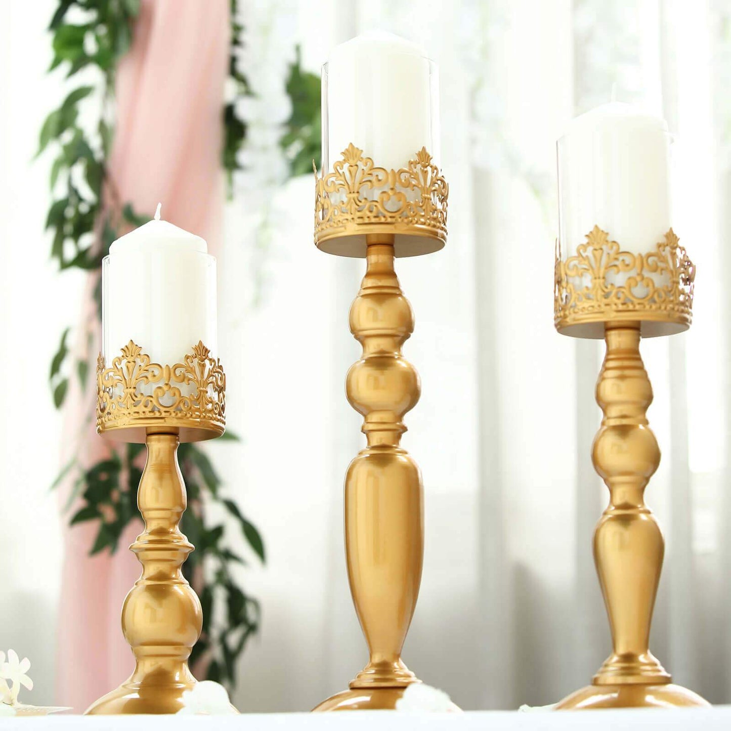 Set of 3 Lace Hurricane Candle Holders Antique Gold with Glass Shades - Chic Pillar Candle Stands 12", 14", 17"