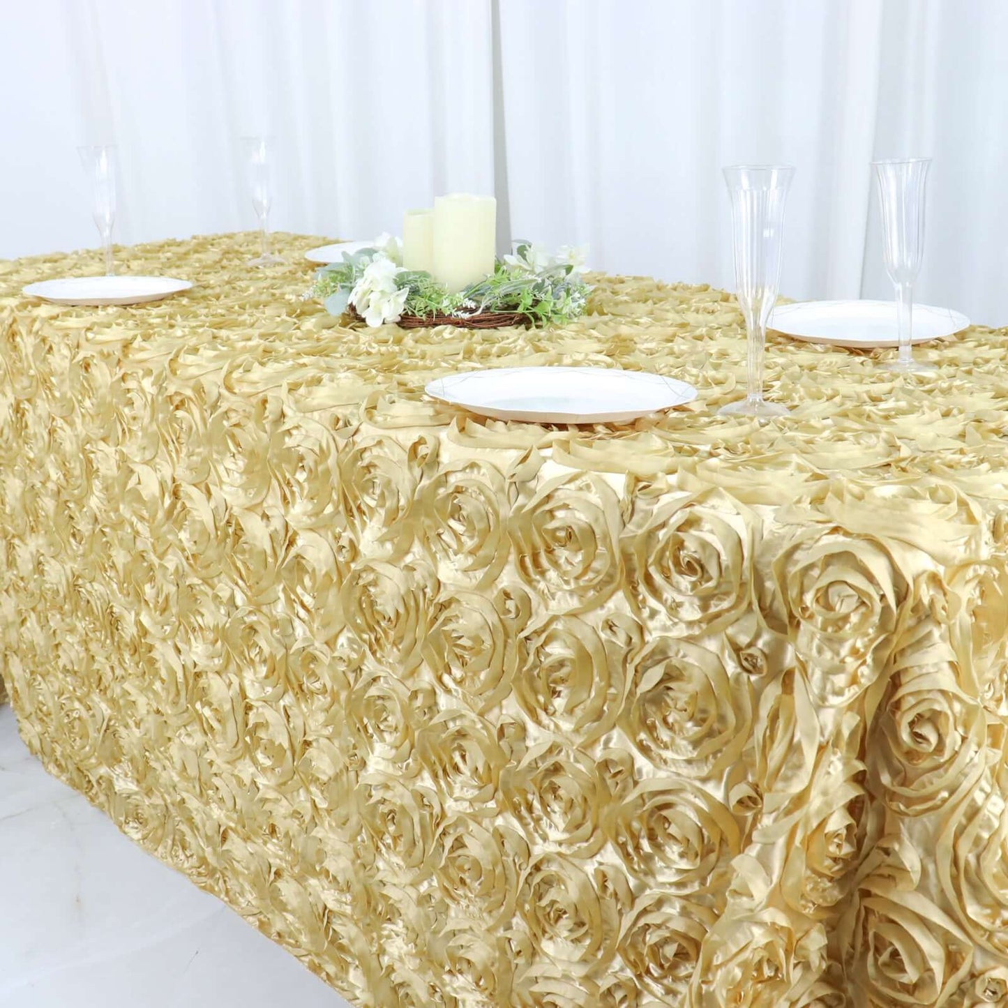 Satin 90"x132" Rectangle Tablecloth Champagne - Grandiose 3D Rosette Seamless Table Cover