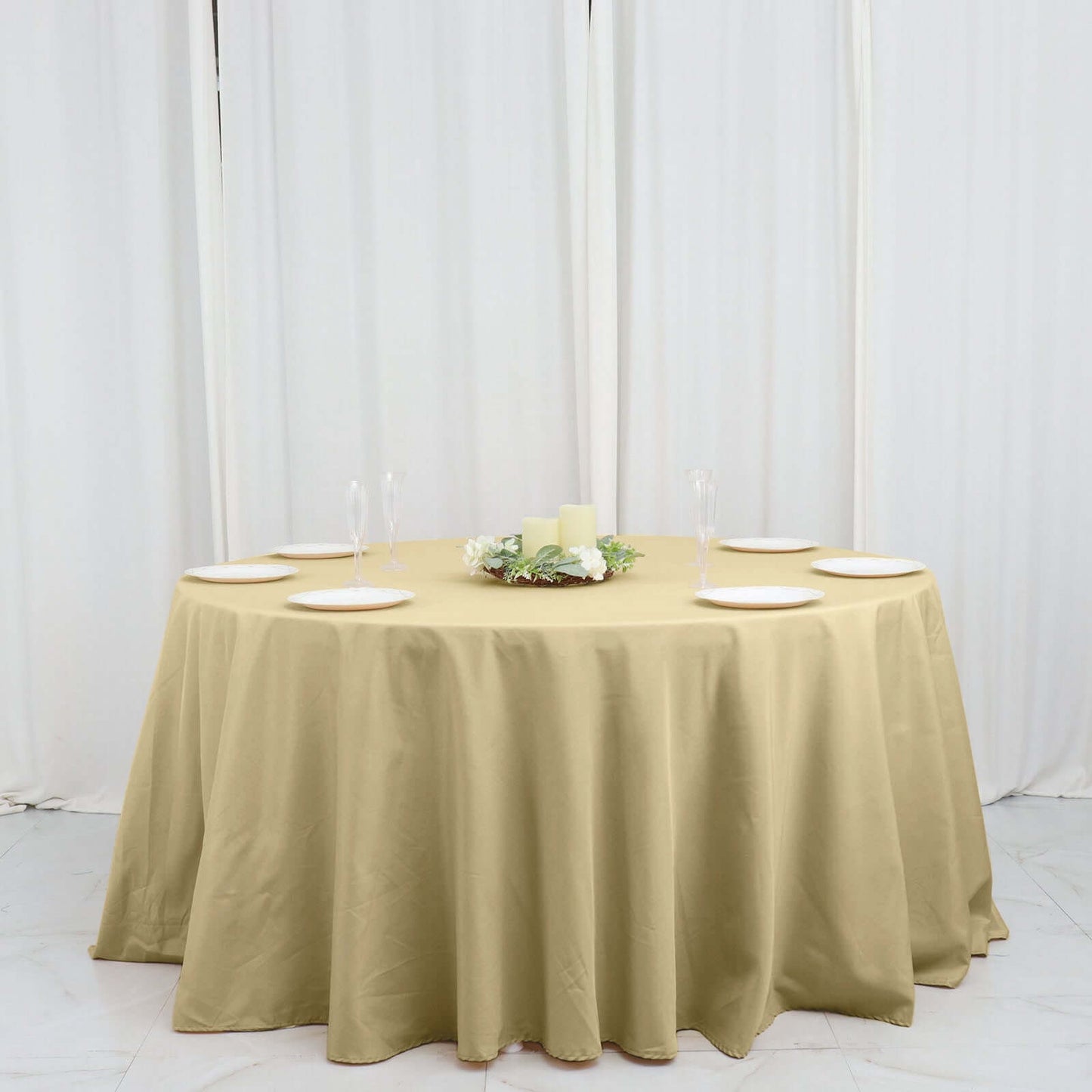 Polyester 132" Round Tablecloth Champagne - Seamless Chic Table Cover