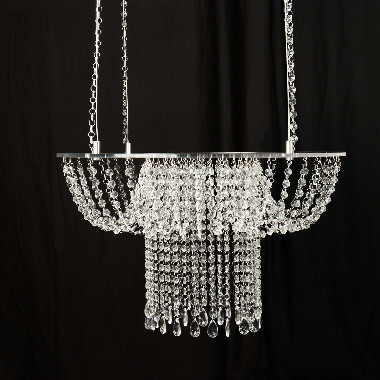 Acrylic Hanging Chandelier Cake Stand with Crystal Drapes - Suspended Round Wedding Cake Swing with 5ft Steel Wire Chains 25"