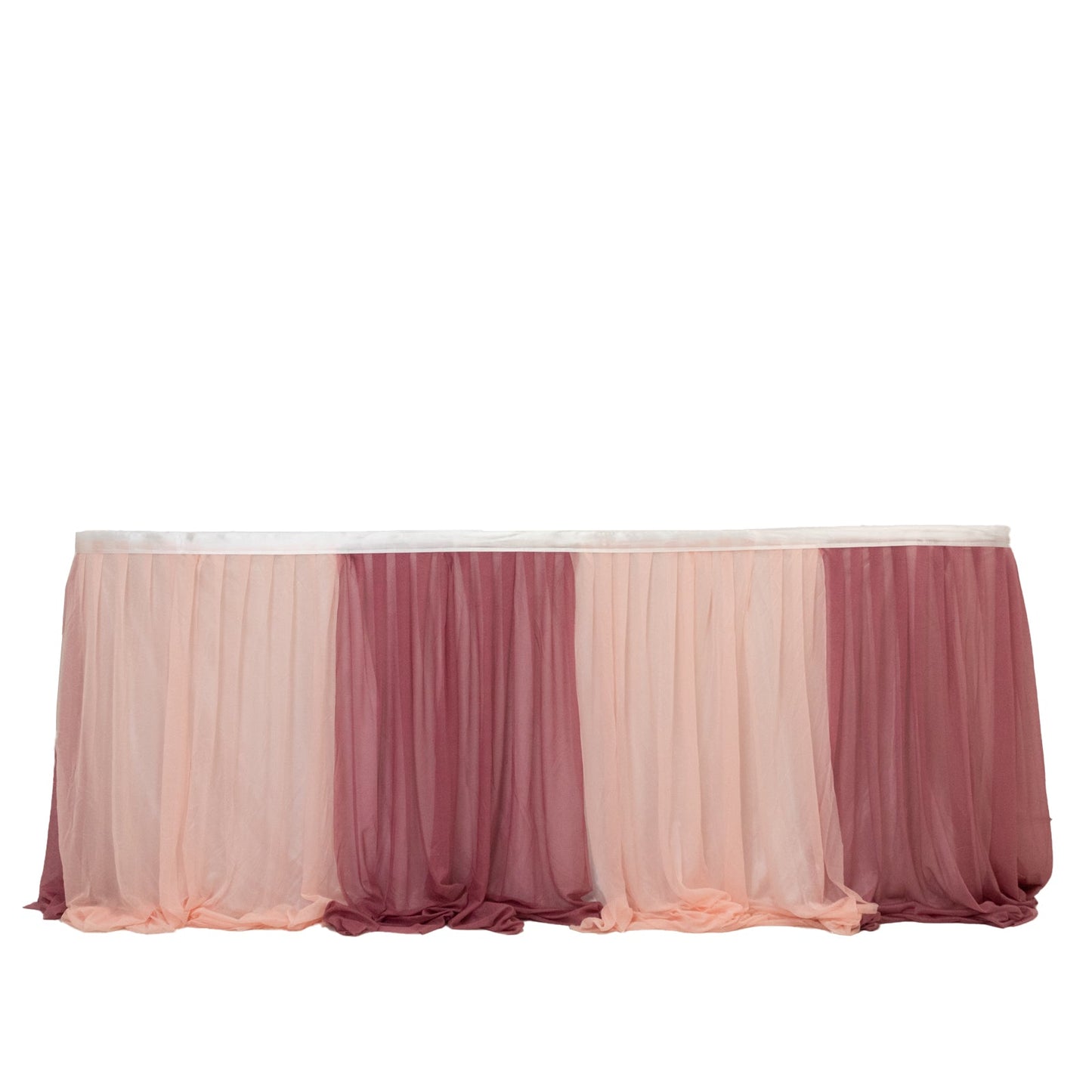 14ft Sheer Pleated Ruffle Skirting Chiffon Table Skirt - Mauve and Blush, Shimmer Sheer, Wrinkle-Free Fabric