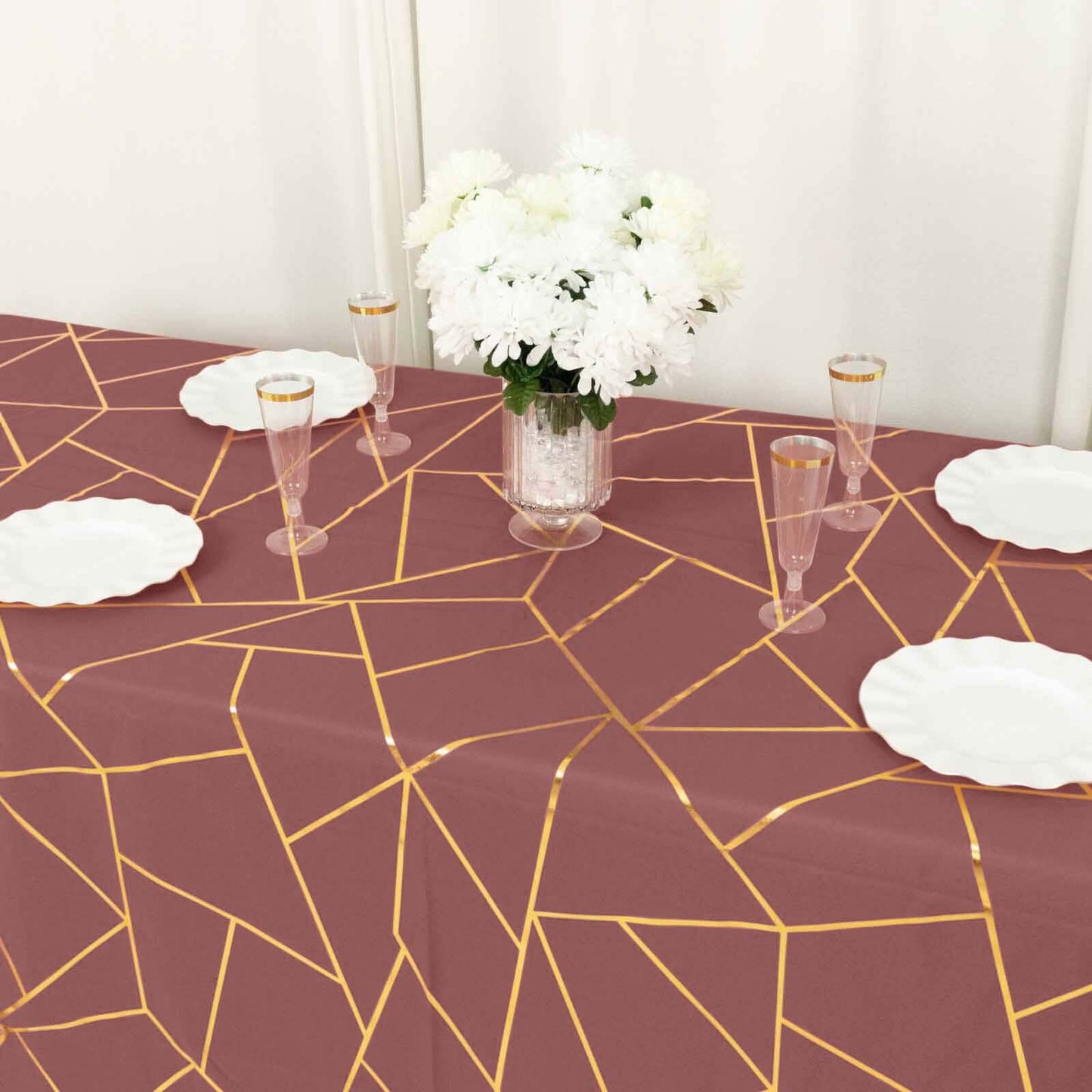 Polyester 60"x132" Rectangle Tablecloth Cinnamon Rose with Gold Foil Geometric Pattern - Wrinkle-Resistant and Durable Table Cover for Weddings & Events