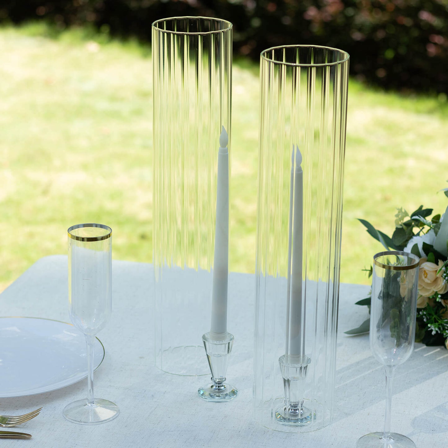 2-Pack Clear Ribbed Glass Hurricane Shades Open End Design - Stylish Candelabra Pillar Candle Holder Table Centerpiece 18"