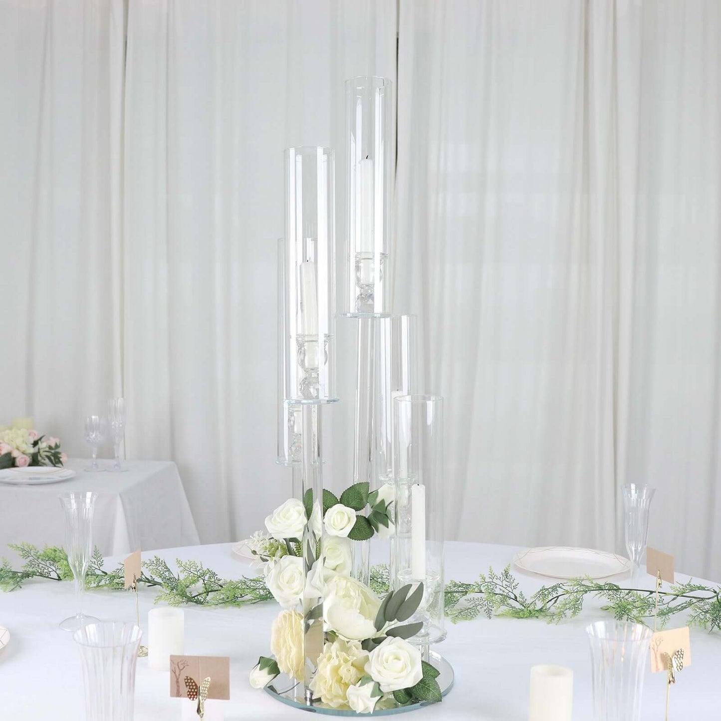 5-Arm Round Crystal Glass Candelabra Clear Taper Design - Chic Candle Holder Table Centerpiece for Weddings & Events 32"