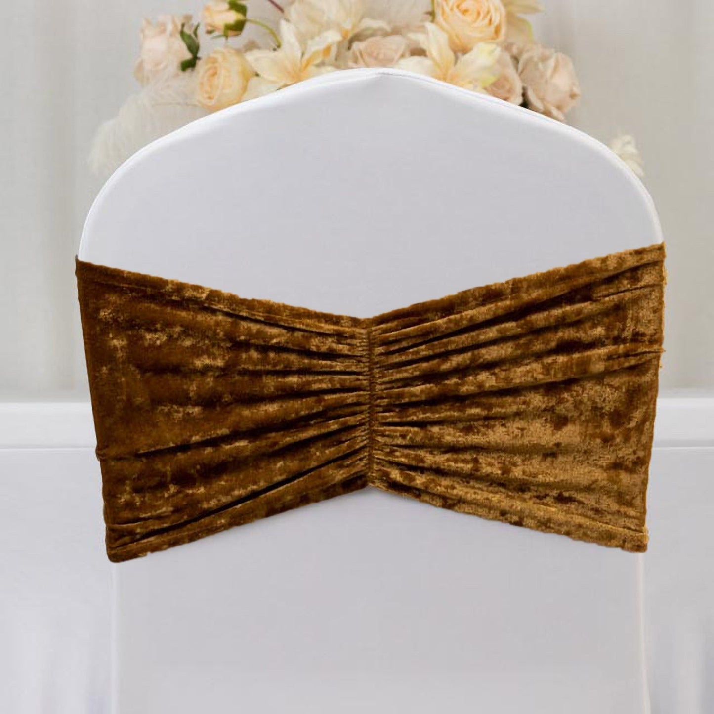 5 Pack Crushed Velvet Chair Bands Gold Wide Ruffle Style - Textured Chair Sashes for Stunning Event Decor - 8"x15"