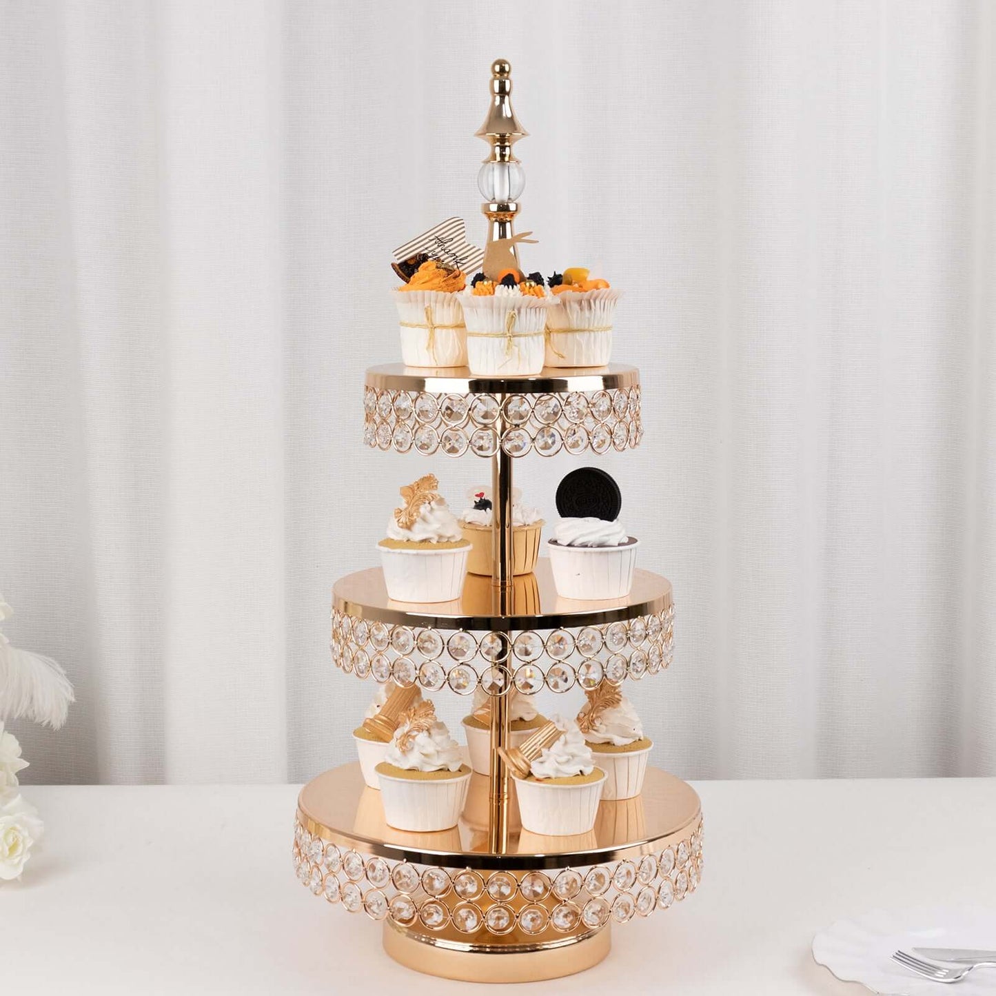 3-Tier Cake Stand Crystal Beaded Gold with Round Mirror Top - Metal Cupcake Tower Dessert Display 26"