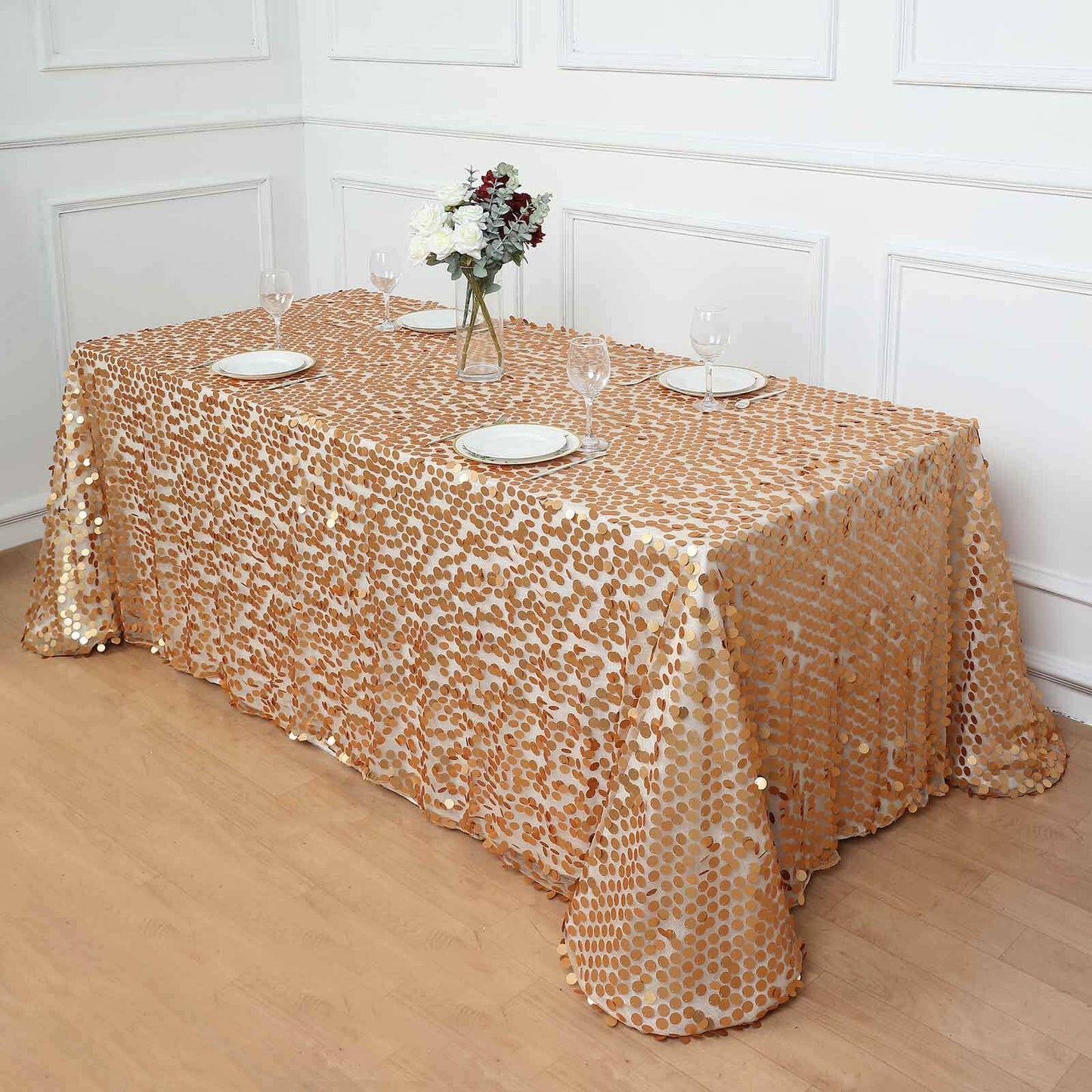 Sequin 90"x132" Rectangle Tablecloth Matte Champagne - Seamless Big Payette Table Cover
