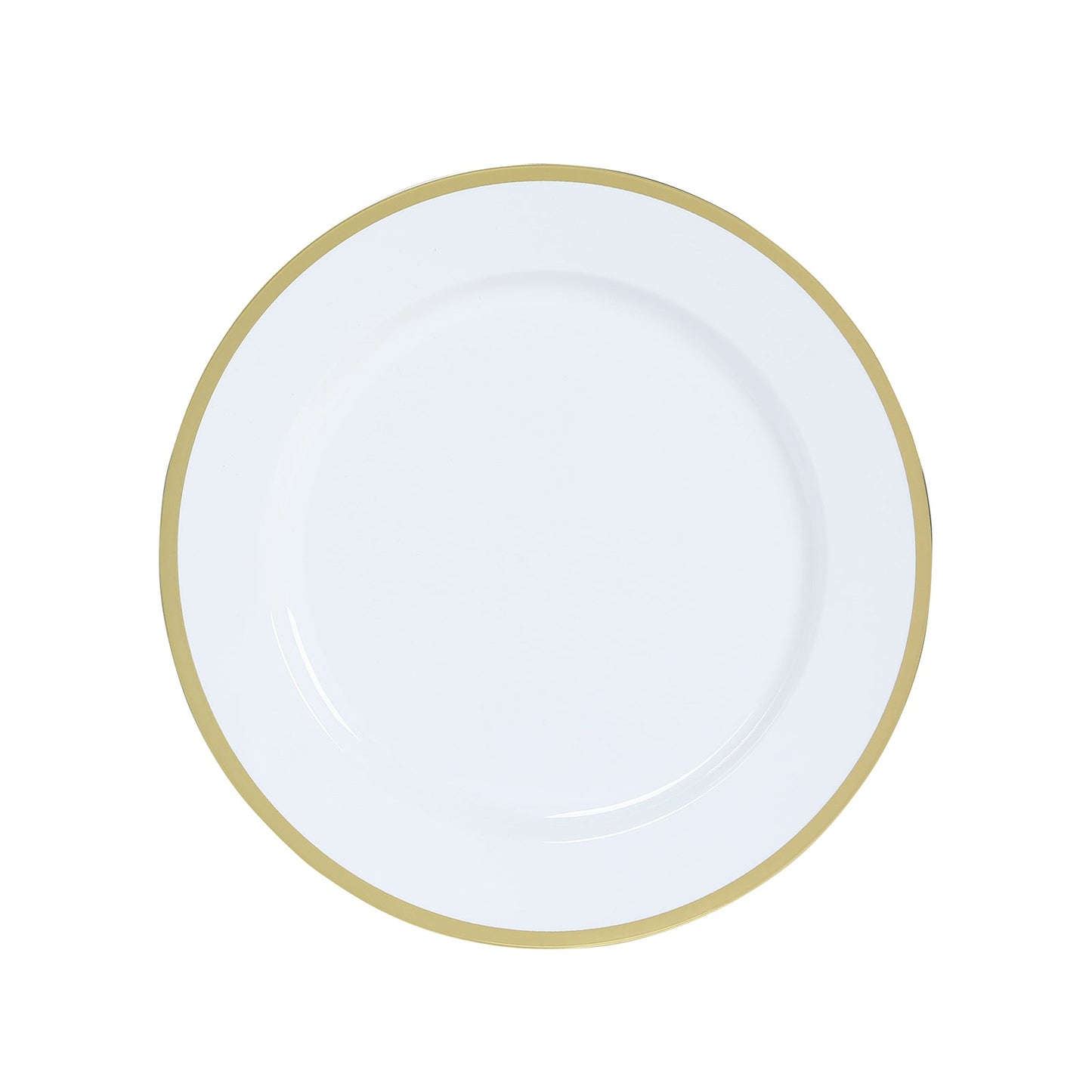 10-Pack Economy Plastic Round Charger Plates 12" in White with Wide Gold Rim, Decorative Dinner Party Serving Plates