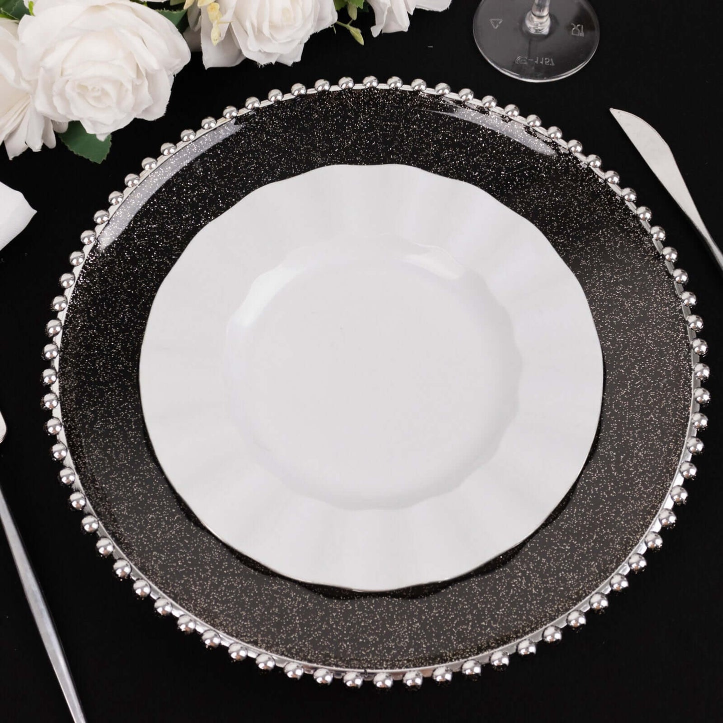 6-Pack Acrylic Round Charger Plates 13" in Transparent Black Silver Glittered with Beaded Rim, Decorative Dinner Party Charger Tableware
