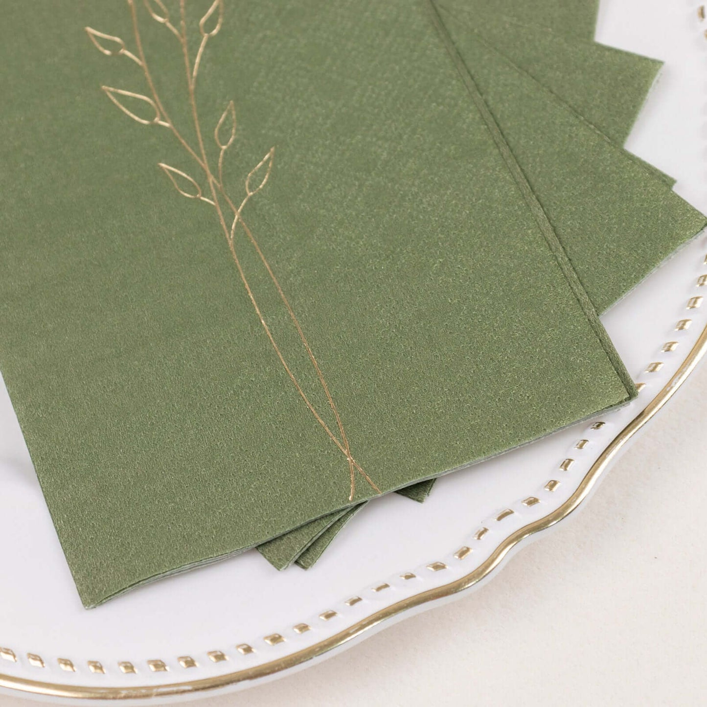 50-Pack Paper Dinner Napkins Dusty Sage Green with Gold Embossed Leaf - Stylish 2-Ply Disposable Napkins for Weddings 18GSM
